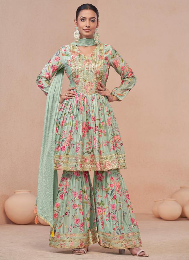 Real Chinnon Teal Wedding Wear Printed Readymade Sharara Suit